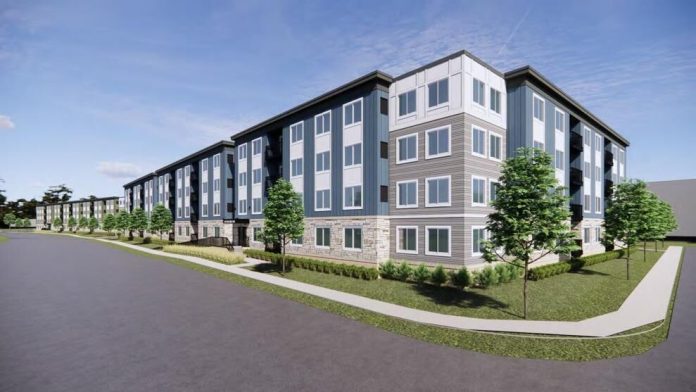 Washington-based DevCo Residential Group has proposed building 163 apartments in two four-story buildings, shown in the rendering above, near the former Oscar Mayer plant.