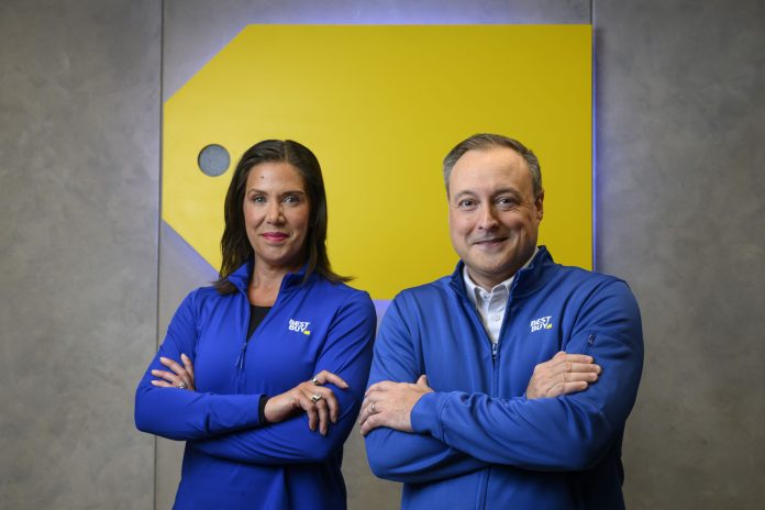 Best Buy Chief Executive Officer Corie Barry (left) with Chief Customer, Product and Fulfillment Officer Jason Bonfig. Bonfig has been selected to succeed Barry as the next CEO at Best Buy.