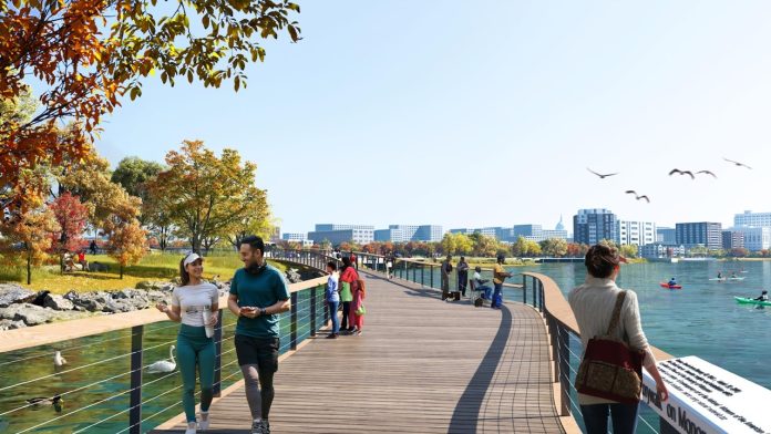 A rendering of the Madison LakeWay's Skyline area shows new trees and boardwalks, expanded greenspace and informational panels along Lake Monona.