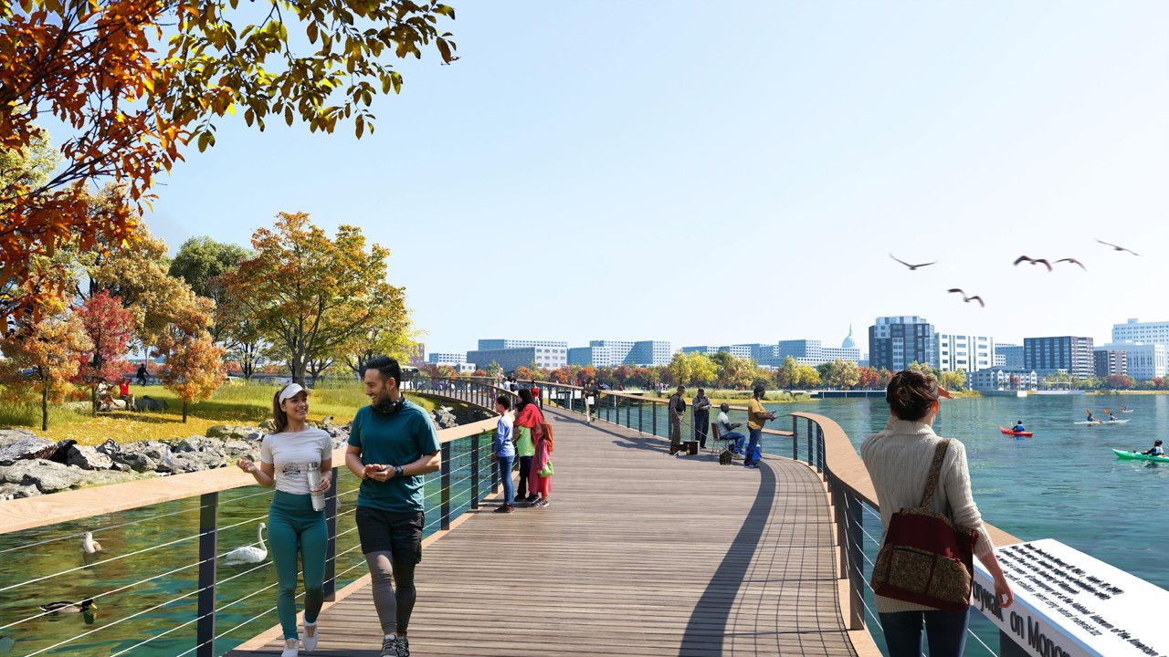 A rendering of the Madison LakeWay's Skyline area shows new trees and boardwalks, expanded greenspace and informational panels along Lake Monona.