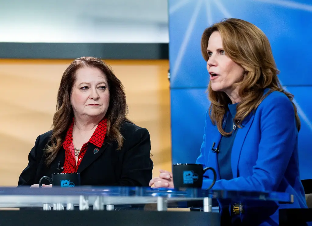 Wisconsin Supreme Court candidates, Court of Appeals Judges Maria Lazar, left, and Chris Taylor, right, participate in the Wisconsin Supreme Court debate hosted by WISN 12 News, April 2, 2026 at WISN-TV in Milwaukee. (Jovanny Hernandez / Milwaukee Journal Sentinel / POOL)