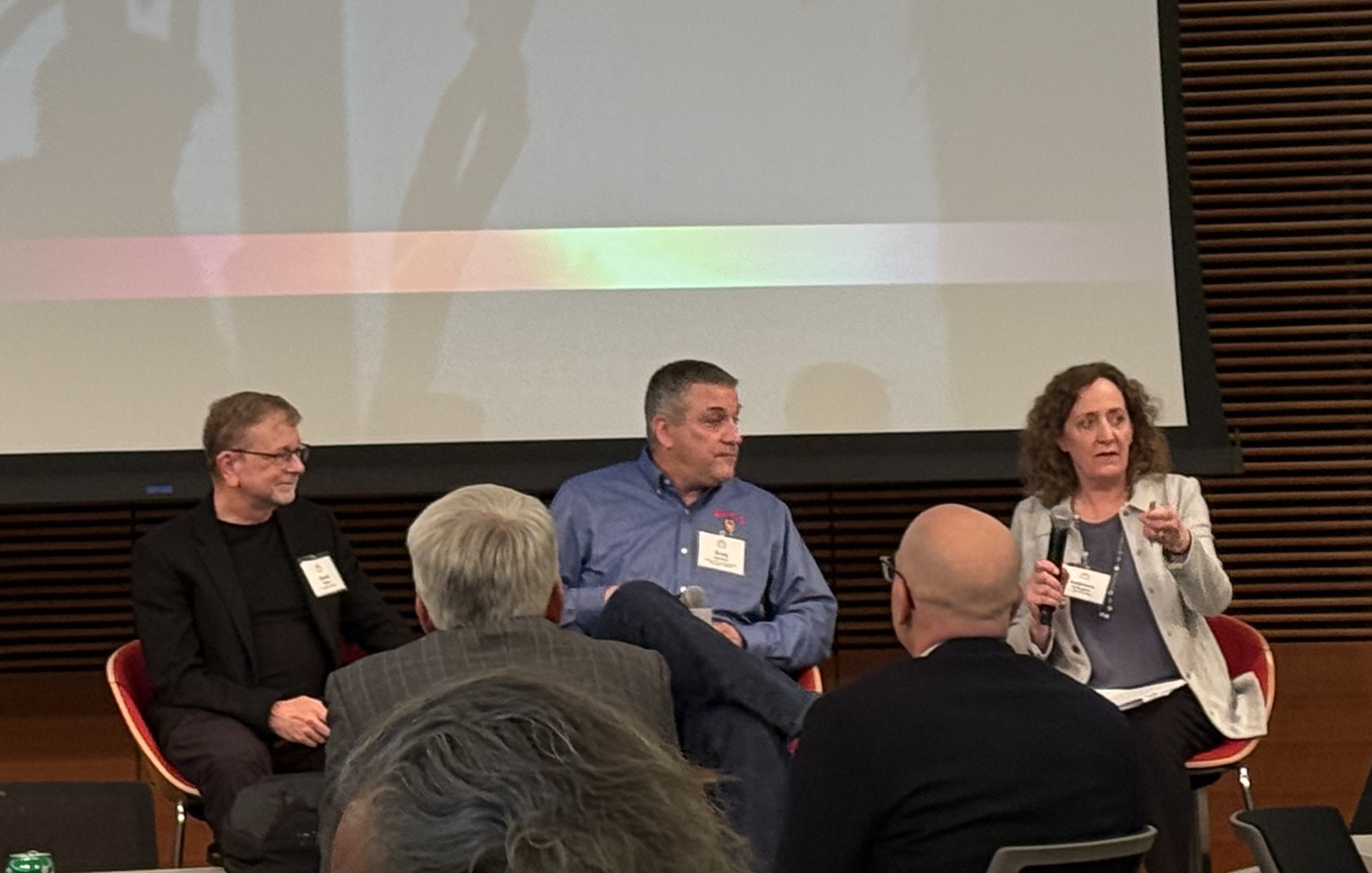 Kathleen Gallagher (right) led a capstone chat to close the summit with WARF's Greg Keenan (center) and 5 Lakes Institutes' Dave Vasko (left), discussing why and how Midwest companies should get involved with fusion.