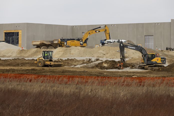 Construction continues at the Beaver Dam Commerce Park where a new Meta data center is being built, March 31, 2026, in Beaver Dam, Wis. (Joe Timmerman / Wisconsin Watch)