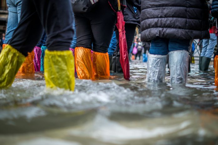 People in rain boots standing in water over their ankles.
