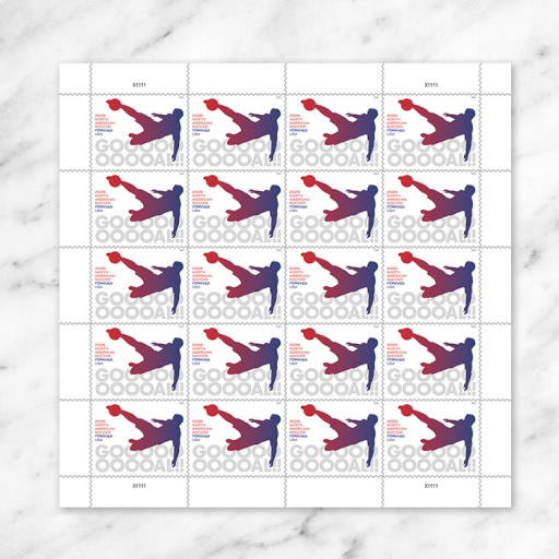 A sheet of USPS stamps depicting a soccer scissor kick