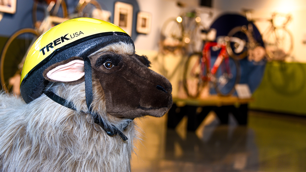 Trek mascot Herman the sheep welcomes people to Trek's 50th anniversary event.