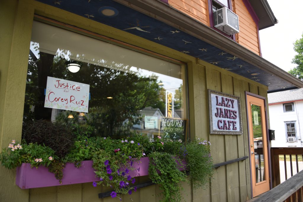 A sign for Corey Ruiz and Lazy Jane's restaurant