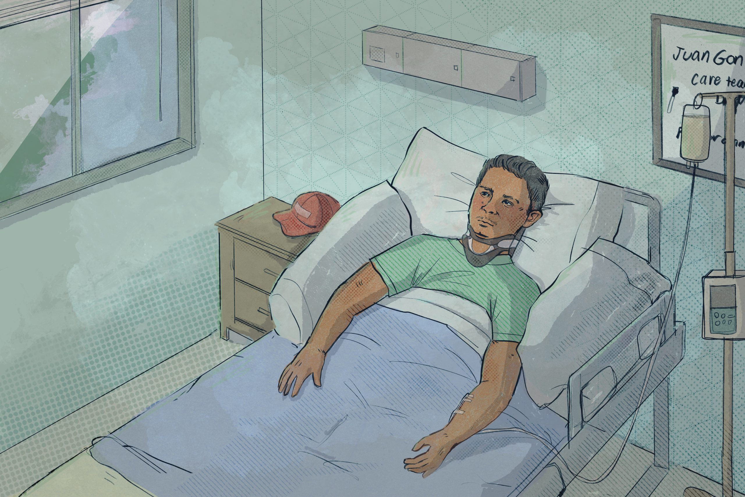 Illustration of an injured man in a hospital bed
