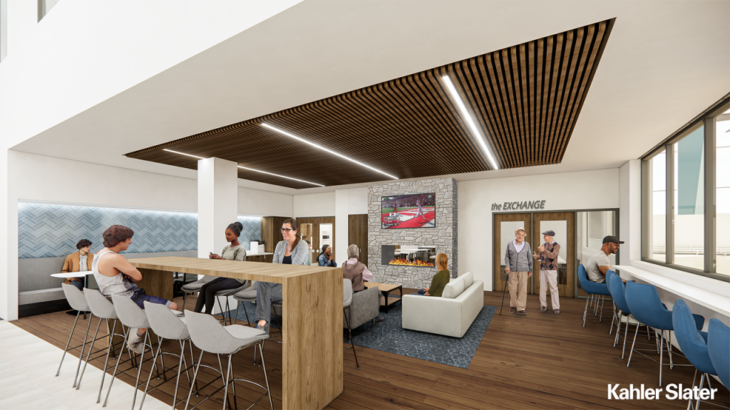 A community room, which will overlook the pool, will offer a place to meet. Rendering by: Kahler Slater