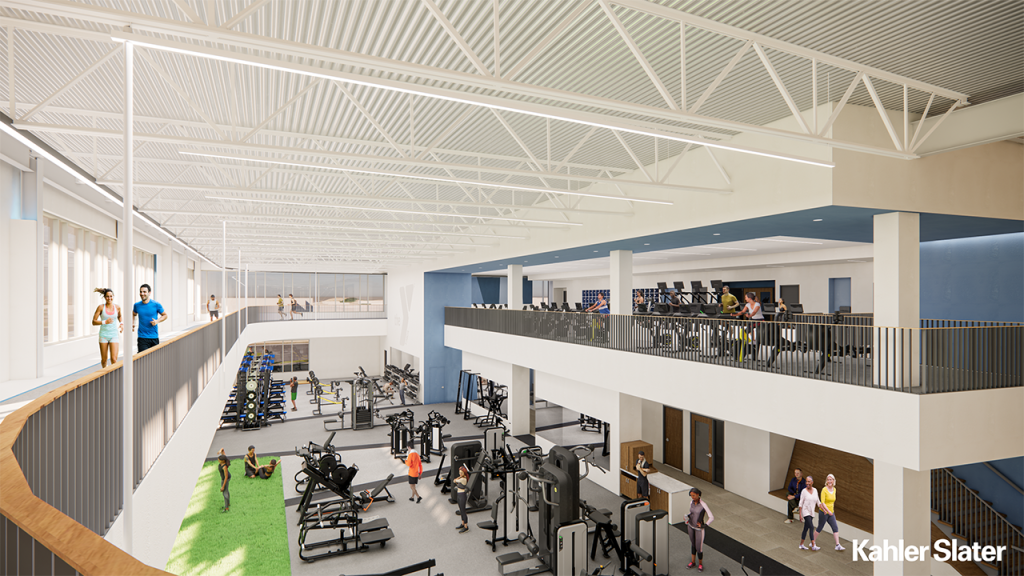 A two-story fitness center will accommodate growing membership — especially seniors. Rendering by: Kahler Slater