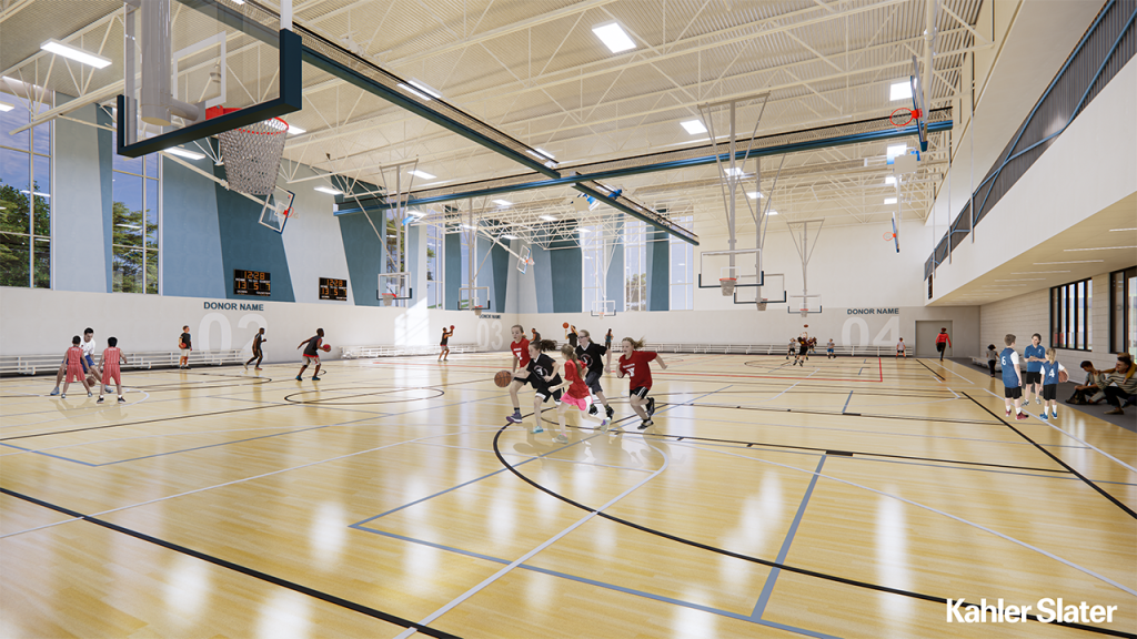 Expanded gym space will offer families opportunities to watch basketball, pickleball and volleyball games from bleacher seating. Rendering by: Kahler Slater