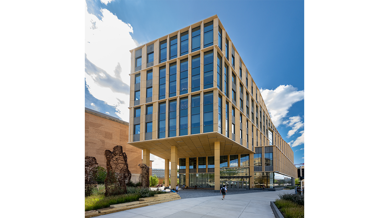 Morgridge Hall, the seven-story new home for CAI, brings together three established academic units and two campus research centers under one roof. Photo: Beau Meyer